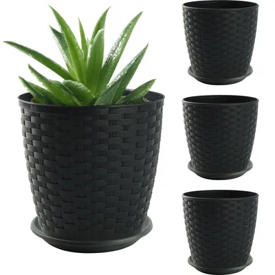 Produktbild von Set 4x Blumentopf Blumenkübel Rattan mit Untersetzer Pflanztopf 16x15cm Granit