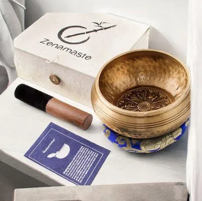 Productafbeelding van Famanu klankschaal meditatie - Handgemaakt in Bhaktapur (Nepal) - 450 g = 11,5 cm - Zen-doos - Nepaals papier – kussen voor de klankschaal (antiek)