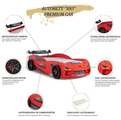 Produktbild von Autobett Kinderbett 'Rio' 90x200 Carbon mit LED Leuchte inkl.Lattenrost, Farbe wählen:Rot