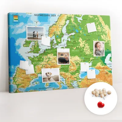 Obrázok produktu pre Korková tabuľa Tabuľa na poznámky Tabuľa na špendlíky - učebná pomôcka 120x80 cm - 100ks drevených  kolíkov - Geografia Mapa sveta