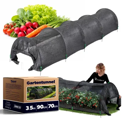 Image de Tunnel de culture KADAX 350 x 90 x 70 cm, tunnel pour légumes en filet PE noir, protection UV pour les plantes, tunnel en filet avec arceaux robustes, couverture pour potager surélevé