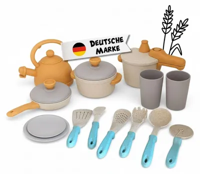 Produktbild von Küchenspielzeug 14-teilig - Nachhaltiges Koch- und Geschirrset aus Weizenstroh für Kinderküche ab 3 Jahren - Spielgeschirr für drinnen und draußen