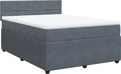 A dark gray boxspring bed with a white mattress and a matching headboard, shown from a side-angle on a white background.