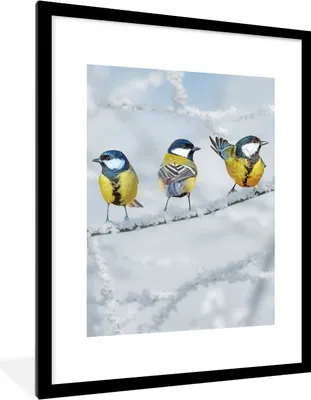 Produktbild von MuchoWow® Gerahmtes Poster Vogel - Kohlmeise - Winter - Schnee - Zweige 60x80 cm - Poster mit Schwarzem Bilderrahmen Wandposter Rahmen Foto Bilder - Wohnzimmer - Dekorationen - Prämie