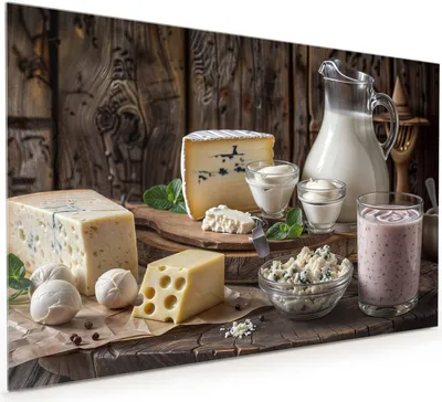 Produktbild von Küchenrückwand Spritzschutz Glas mit Motiv Käseplatte mit Milch 40 x 40 cm