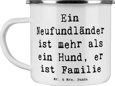 Produktbild von Mr. & Mrs. Panda becher emaille Spruch Neufundländer Familie - Weiß - Geschenk, Teetasse, Pott, Eigenschaften, Kaffeepott, sanfter Hunde, Tasse, Hunderassen, Hund, Haferl