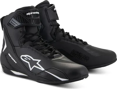 A pair of black motorcycle boots with white accents and logos, shown against a white background.