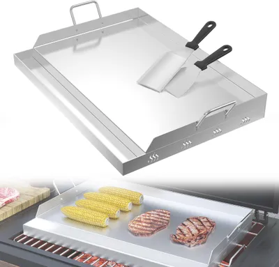 Zdjęcie produktu dla UISEBRT Płyta grillowa ze stali nierdzewnej 54x41cm z uchwytami - grubość 2mm, odporna na ciepło i rdzę - do grilla gazowego i węglowego, w zestawie szpatułka i skrobak, idealna do mięsa, ryb i warzyw