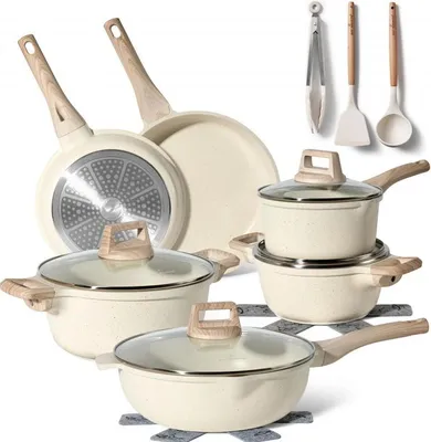 A collection of cookware and kitchen utensils arranged on a white background.