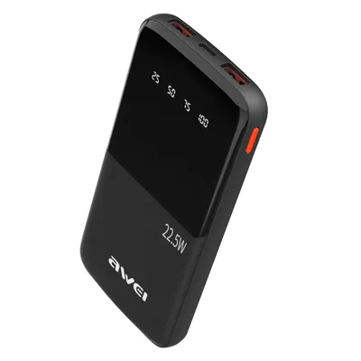 A black power bank with red accents is shown against a white background.