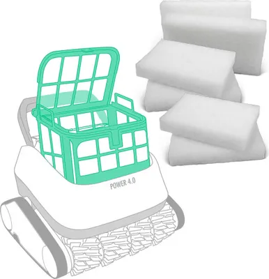 A pool robot with a green filter basket and a stack of white filter pads.