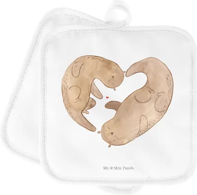 Produktbild von Mr. & Mrs. Panda Topfuntersetzer Otter Herz - Weiß - Geschenk, topfhalter, Liebe, Hochzeitstag, Seeotter, Ofenlappen, Topflappenset, Topflappen, Doppel