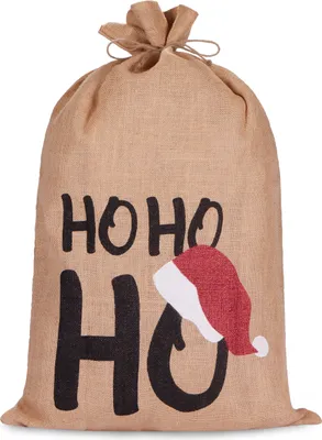 A large burlap sack with "HO HO HO" printed on it, and a Santa hat graphic.