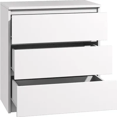 A white chest of drawers with three drawers, one of which is partially open.
