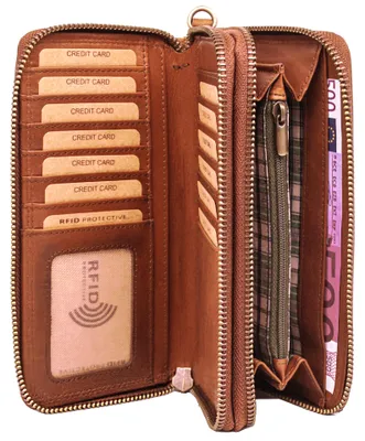 Produktbild von Benthill Damen Geldbörse Groß Leder RFID - Portemonnaie aus echtem Rindsleder - Geldtasche mit Doppeltem Reißverschluss - Geldbeutel mit vielen Kartenfächer