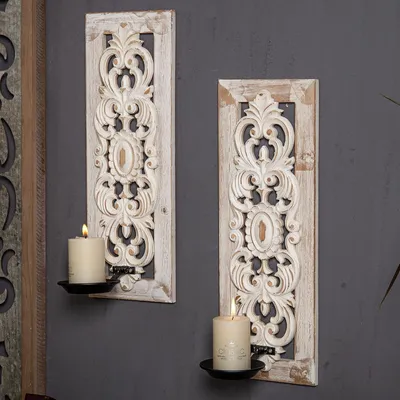 Productafbeelding van 2 stuks houten wandkaarsenhouder, vintage, distressed wit, kaarsenhouder voor wanddecoratie, boerderij wandbevestiging