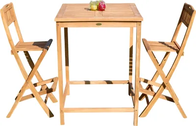 Produktbild von ALEOS. BAR-SET - TEAK Bartisch Bistrotisch Stehtisch 80x80cm mit 2x Barhocker klappbar Holz BIMA-SET80+2KLAPP