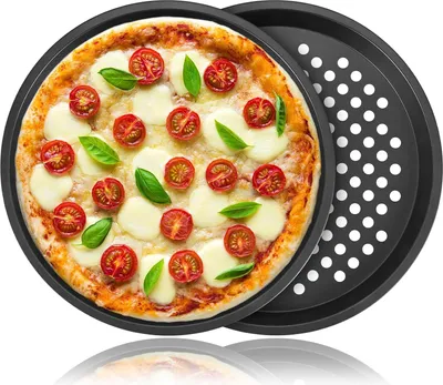 Produktbild von Pizzablech Rund 2 Stück, Perforiertes Pizza Backblech 28cm, Antihaftbeschichtetes Knusperblech Für Pizza Und Flammkuchen