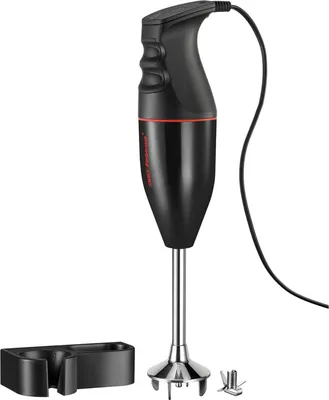 A black immersion blender with its accessories.