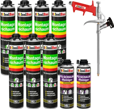 Produktbild von Isolbau Bauschaum-Set - Inkl. 7x 1K Montageschaum Pistolenschaum (je 750 ml), 1x Schaum-Pistole & 2xPU-Schaum-Reiniger (500 ml)