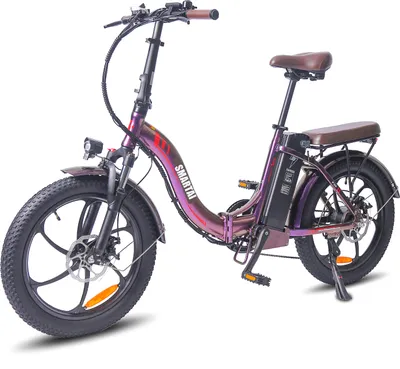 A studio shot of a purple folding electric bicycle with fat tires.