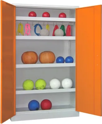 Produktbild von Ballschrank - Vollblechtüren - 4 Böden - 1 Hakenleiste - 1.950x1.000x500 mm (HxBxT) - enzianblau/feuerrot