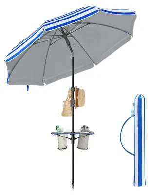 Produktbild von Sonnenschirm 160 cm, Strandschirm, Sonnenschutz UPF 50+, beidseitig 30° neigbar, höhenverstellbar, Ablagefach, Haken, für Strand und Garten, ohne Ständer, blau-weiß GPU0080Q02