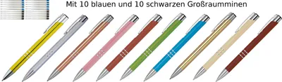 Produktbild von 10 Kugelschreiber aus Metall / je 10 schwarze + blaue Minen / 10 Farben
