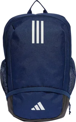 A navy blue Adidas backpack with white stripes and logo.