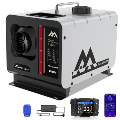 Produktbild von MUDIRO M-5S EVO-H 8kW Diesel-Luftheizung, weiß, liegend, mit Adapter, CO-Schutz, höhenadaptiv bis 5500 m, TFT-Display, Bluetooth & Fernbedienung