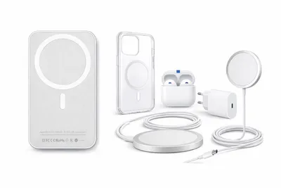 Immagine prodotto di Set di accessori 6 in 1 per iPhone compatibile con iPhone 11–16 – Custodia, power bank da 5000 mAh, caricabatterie da 20 W, auricolari, pacchetto MagSafe
