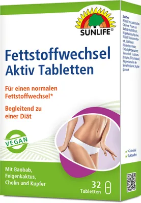 Produktbild von SUNLIFE Fettstoffwechsel Aktiv Tabletten - 1x32 Stück - hochwertige Stoffwechsel Tabletten mit Cholin & Kupfer - Nahrungsergänzungsmittel mit Baobab &