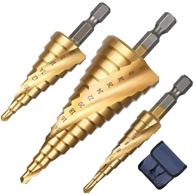 Produktbild von HSS Stufenbohrer, 3-tlg Stufenbohrer Set, Schälbohrersatz, Exact Spiralnut Kegelbohrer, 4 mm bis 12/20/32mm Titanbeschichtet Profi Metallbohrer