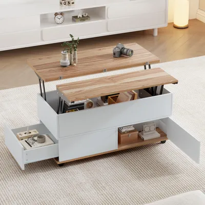 Image de OKWISH Table Basse Relevable avec Grand Rangement et Plateau Relevable Hydraulique - Avec Tiroir et Roulettes - Panneau de Particules - Blanc et Naturel