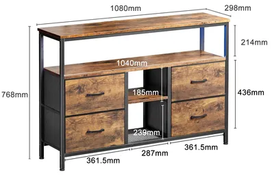 Image de Meuble TV bas - Meuble TV - 4 tiroirs en tissu - Éclairage LED - MDF et métal - 108 x 30 x 76,8 cm - Couleur bois