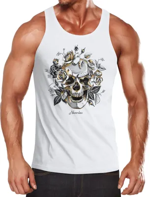 Produktbild von Herren Tank-Top Totenkopf Rosen Skull Roses Schädel Slim Fit Neverless® weiß M