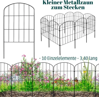 Produktbild von Zaun Gartenzaun Steckzaun Hundezaun Teichzaun für Garten Teich 10 Zaunelemente 43 cm hoch Metall Gitterzaun Oberbogen Schwarz V2Aox