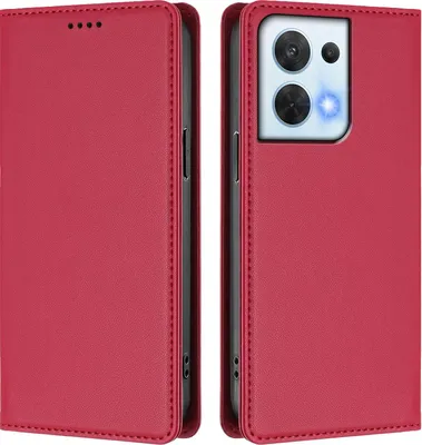 Produktbild von Handyhülle für Oppo Reno8 5G, Kunstleder Klapphülle Stoßfeste Magnetische Hülle mit Ständer Rot