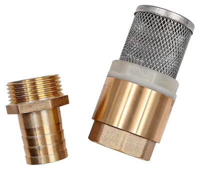Produktbild von Saugfilter-Set aus Messing, 1 Zoll Fußventil mit Rückschlagventil, Saugkorbdüse, Schraubgewinde 1 Zoll und Schlauchanschluss 25 mm