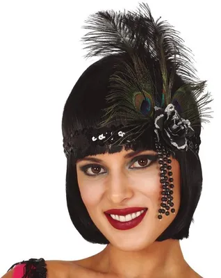 Produktbild von Schwarzes Pailletten-Stirnband mit Pfauenfedern im Retro-Stil, 1920er Jahre