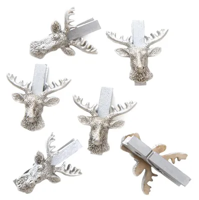Produktbild von 12 Stück kleine SILBER-farbene Zier-Klammern HIRSCH-KOPF HIRSCH-GEWEIH - Deko-Klammern Holz-Klammern Mini-Klammern Weihnachtsklammern Mini-Wäscheklammern als Deko Weihnachten