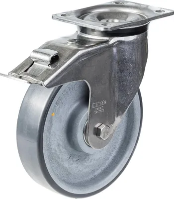 Produktbild von 200mm Edelstahl-Lenk-/Bremsrolle mit grauer, elektrisch leitfähiger Rolle