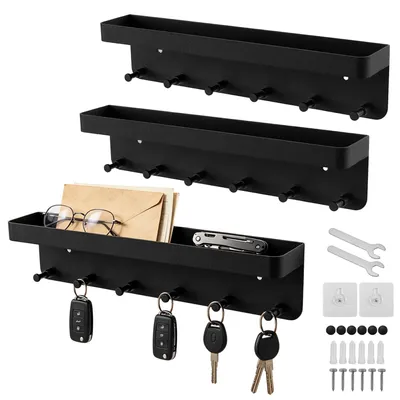 Schlüsselbrett-Set 3er, schwarz, 6 Haken, mit Ablage, selbstklebend