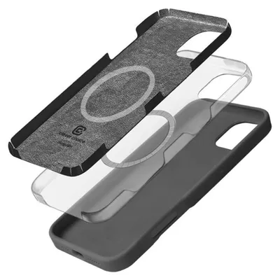 An exploded view of a phone case, showing its layers and MagSafe ring.
