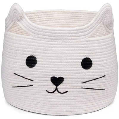 Produktbild von Wäschekorb Geflochten Kinder, Katze Baby Spielzeug Aufbewahrungskorb mit Griffen, Waschekorb Geflochten Kinder Katze, Baumwolle Weiß (35 x 30 x 32 cm)