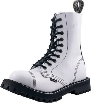 A white, 10-eyelet boot with black laces and a thick black sole, presented against a white background.
