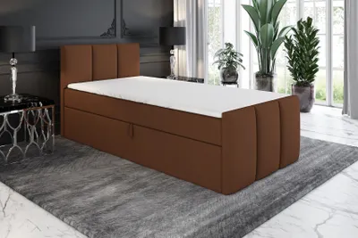 Produktbild von Boxspringbett, Jugendbett MOREN 100x200 (Rechts) mit Bettkästen, Bonell-Matratze und Topper. Farbe: Braun.