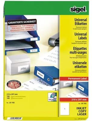 Produktbild von SIGEL LA182 Universal-Etiketten, 210 x 297 mm, weiß, 100 Etiketten