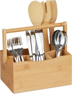 Imagen del producto de Soporte para cubiertos de bambú - 4 compartimentos - Con asa - Organizador de cocina para cubiertos y servilletas - Natural