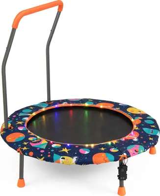 Zdjęcie produktu dla Trampolina dla dzieci COSTWAY φ92 cm, mini trampolina dla dzieci z oświetleniem LED, wyściełanym uchwytem bezpieczeństwa, okrągłą matą do skakania i osłoną ochronną, nośność do 25 kg, idealna dla dzieci w wieku 3-6 lat